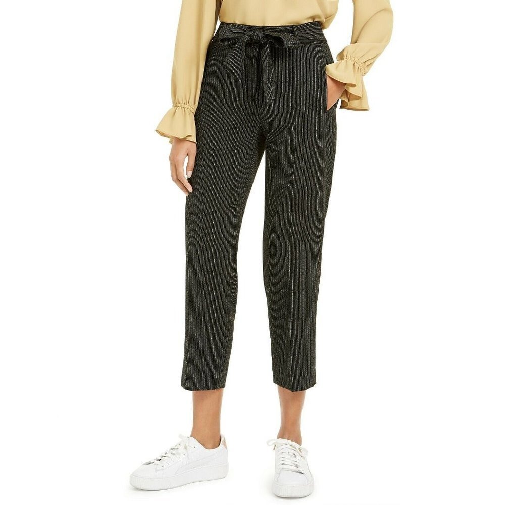 Bar III Womens Size 6 Vertical Striped Tie-Waist Dress Pants Cropped Black $79